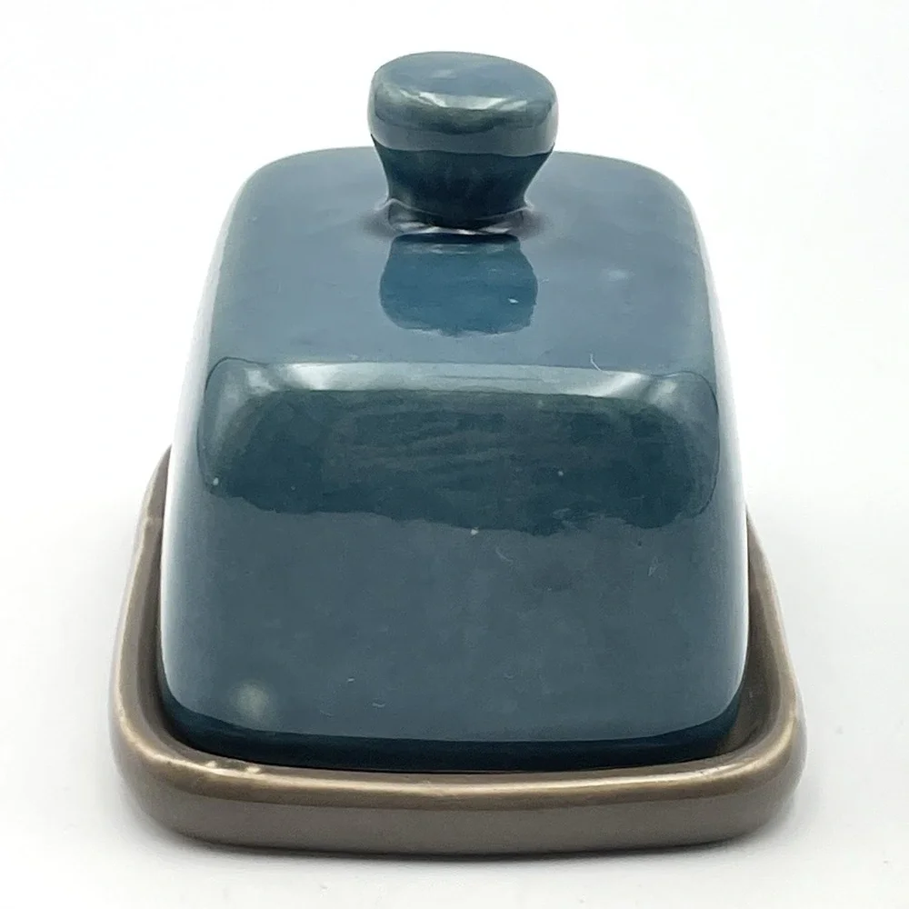 Threshold Mini Teal Blue Stoneware Covered Butter Dish Gray Tray Lid 4